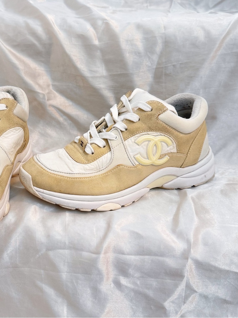 Chanel Beige & White Suede Leather Sneakers - Picture 2 of 8
